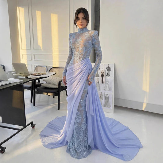 Luxury Lilac High Neck Long Sleeves Beaded Mermaid Evening Dress LA73407