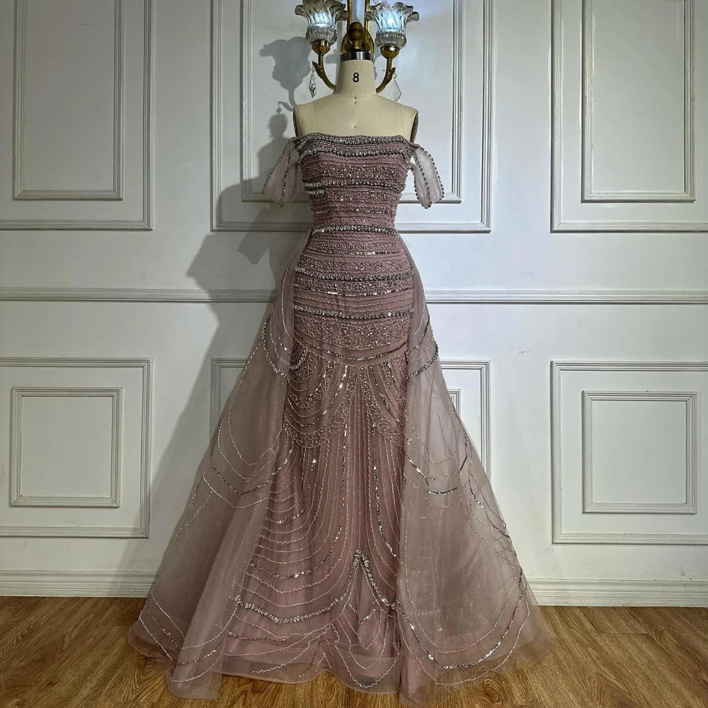 Luxury Pink Mermaid Beaded Evening Gown with Detachable Satin Overskirt LA72781