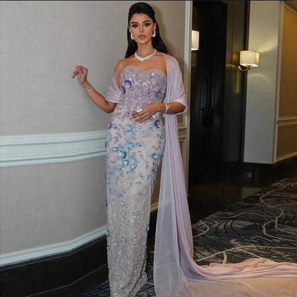Luxury Lilac 3D Flower Evening Dress with Cape LA73345