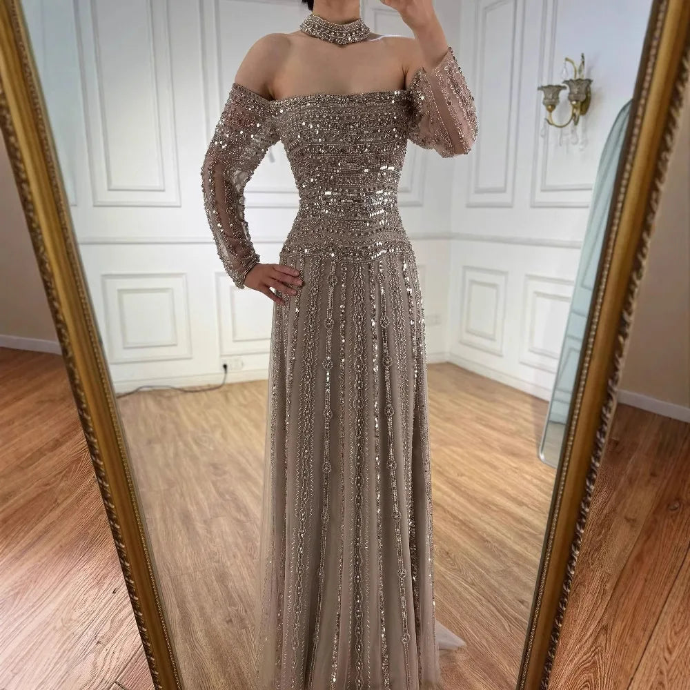 Caramel Off Shoulder Beaded Mermaid Evening Dress Long Sleeves LA73053