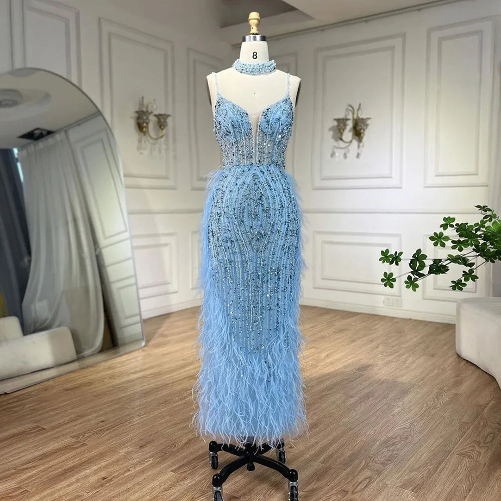 Luxury White Nude Mermaid Spaghetti Strap Beaded Feather Evening Dress LA72047