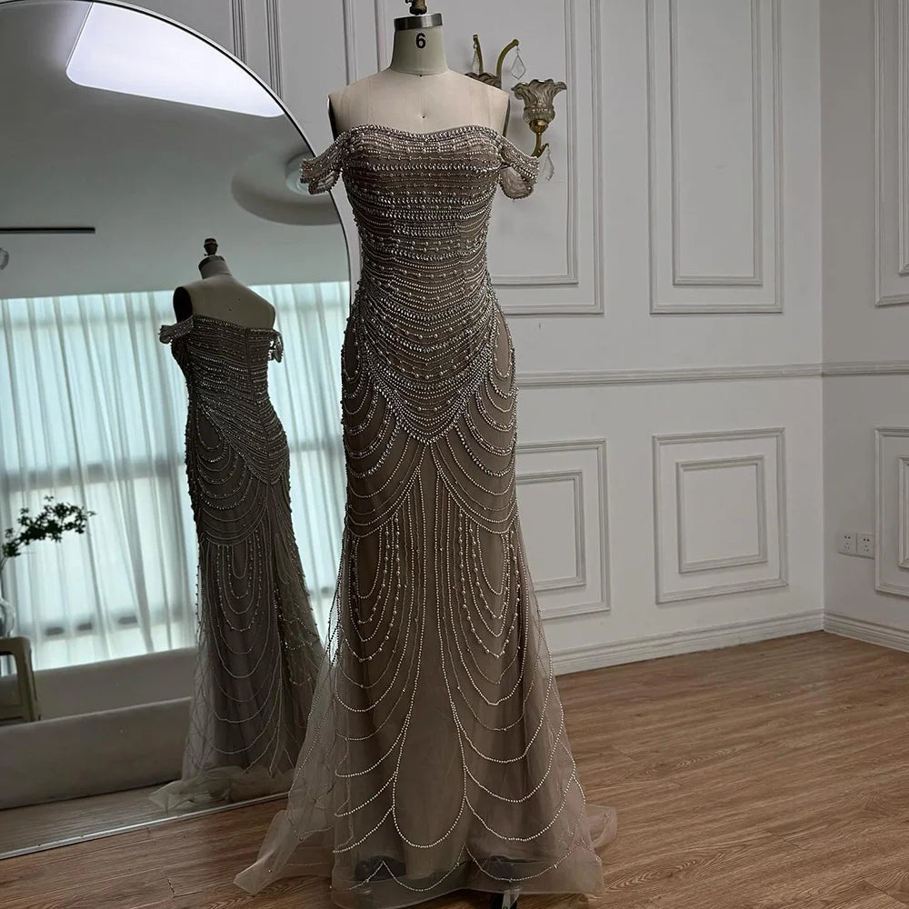 Arabic Caramel Off Shoulder Beaded Mermaid Evening Dress with Pearls LA72253C