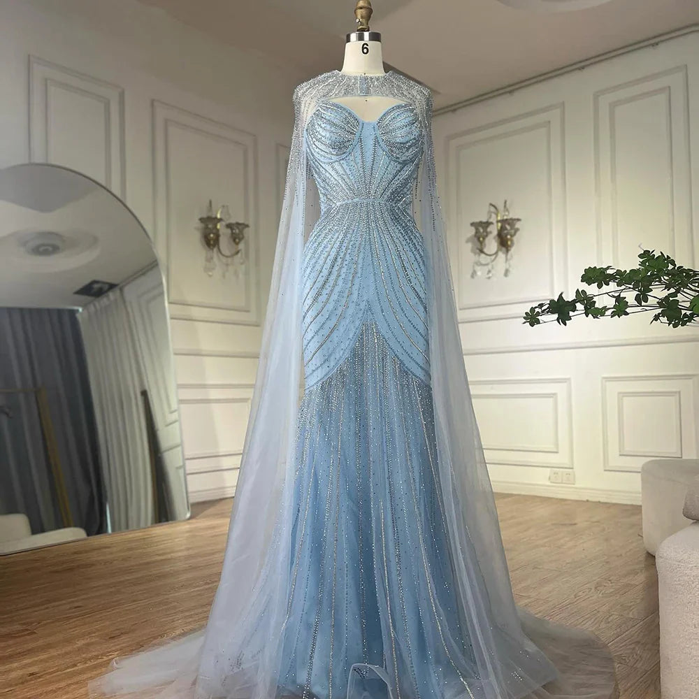 Luxury Blue Beaded Evening Gown with Detachable Cape LA72784
