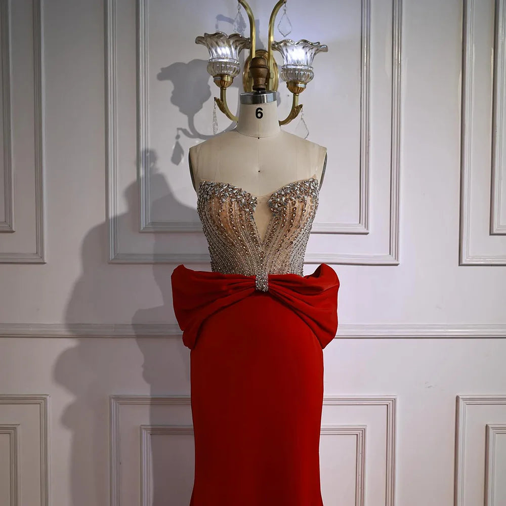 Luxury Red Satin Evening Dress with Bow Designer Gown LA73060