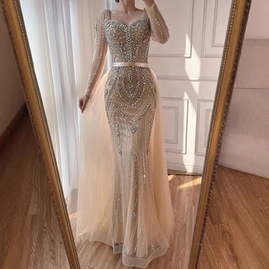 Luxury Nude Beaded Mermaid Evening Dress with Overskirt LA73190