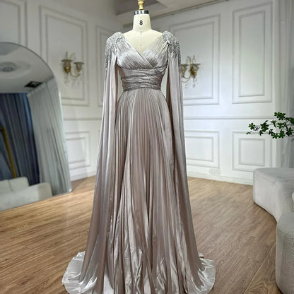 Rose Gold Beaded Satin A-Line Evening Dress Gown with Cape Sleeves LA72663