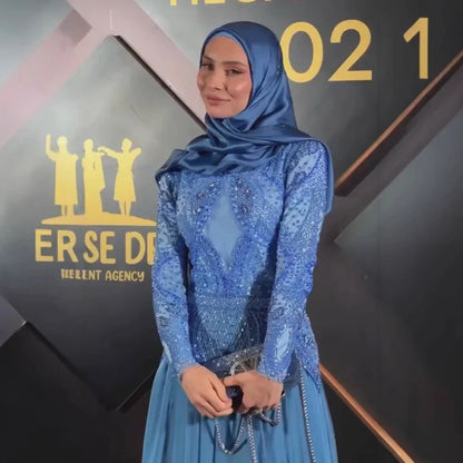 Luxury Designer  Blue Beaded Evening Dress with Long Sleeves LA72962