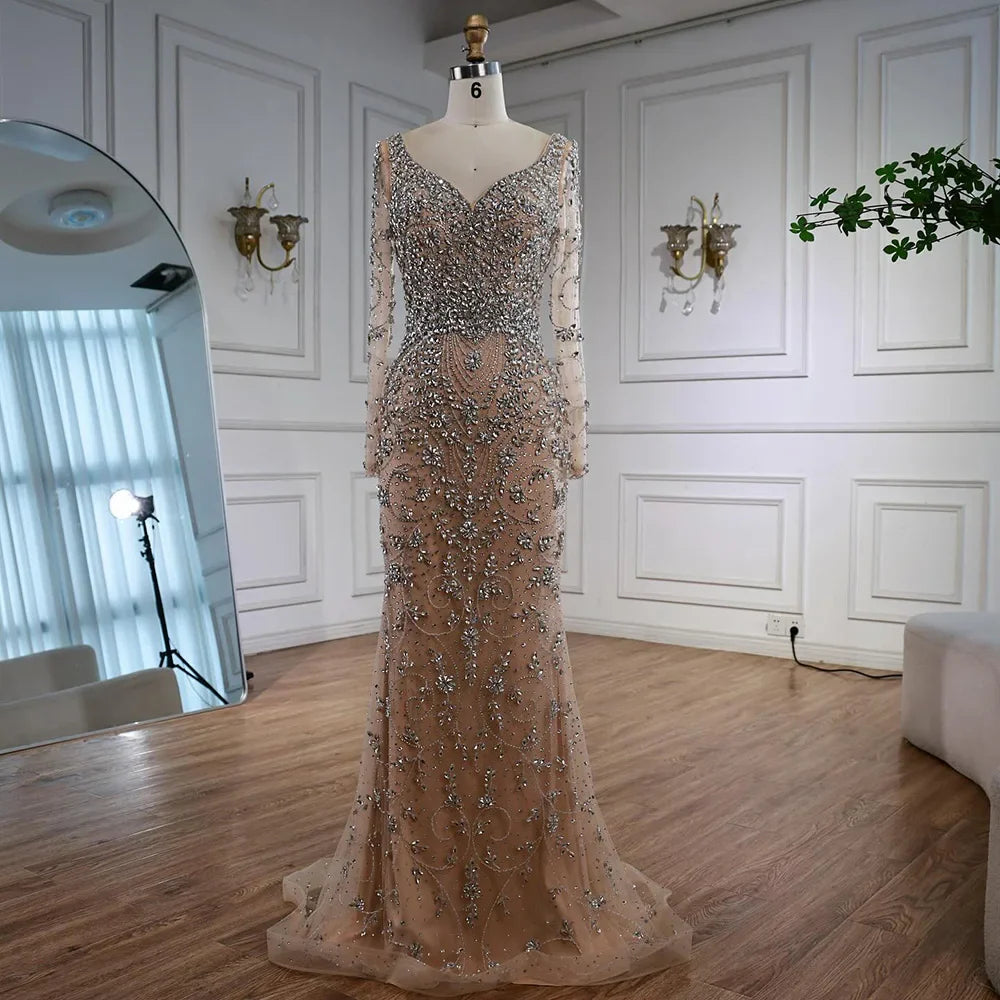 Caramel Off Shoulder Beaded Mermaid Evening Dress Long Sleeves LA73053