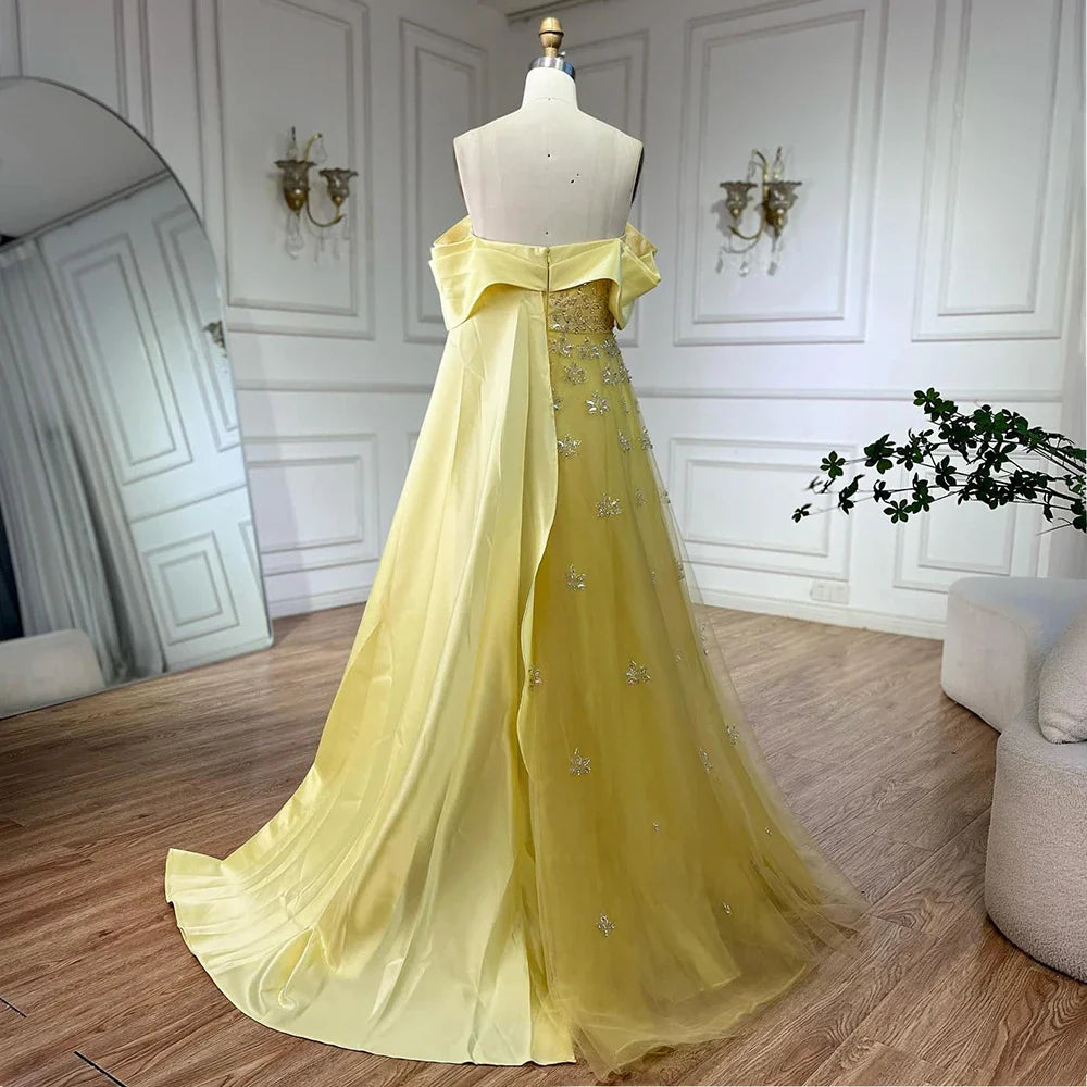 Luxury Dubai Arabic Yellow Elegant Boat Neck Long Evening Dress LA72531