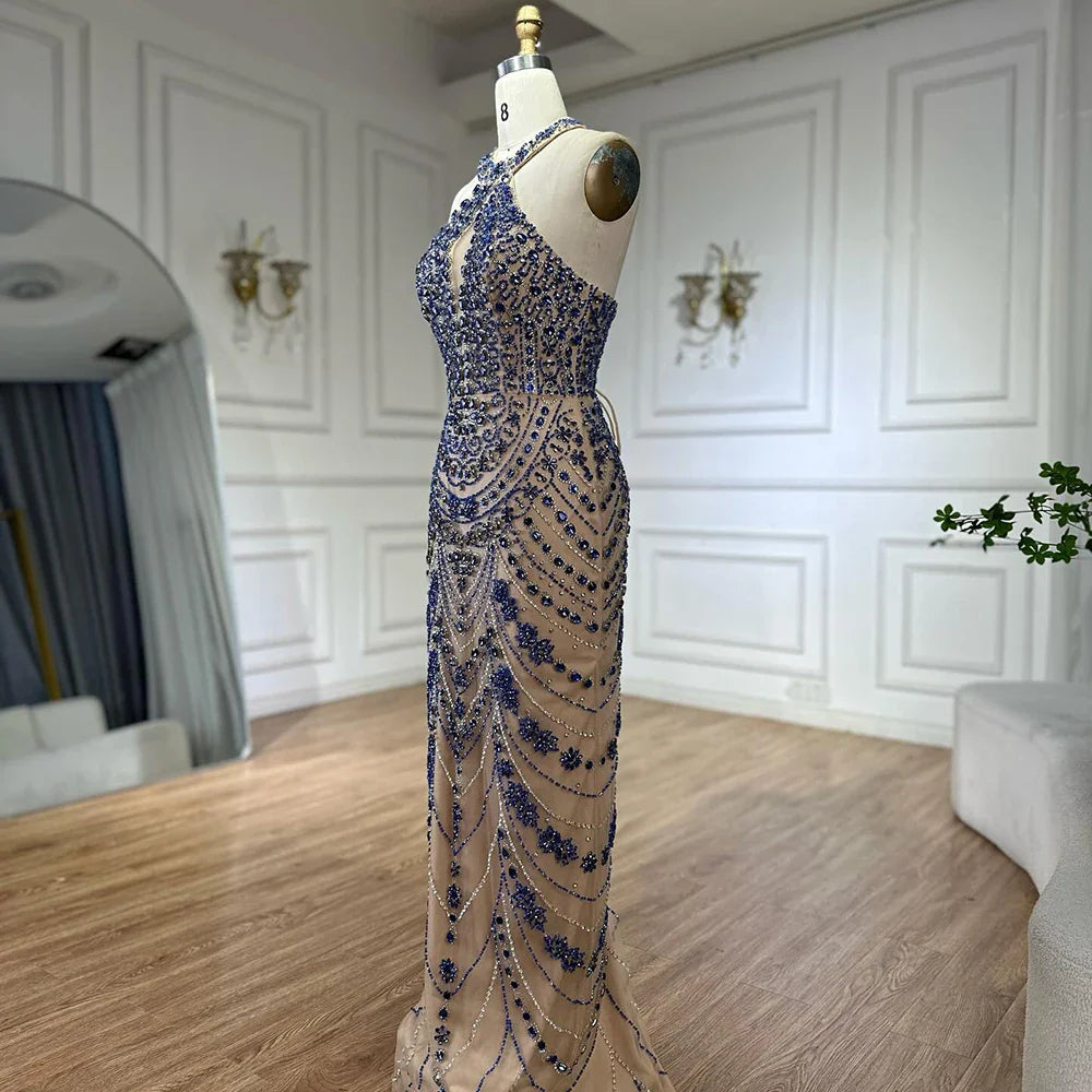 Luxury Dubai Elegant Blue Halter Neck Evening Gown Beaded Dress LA72760