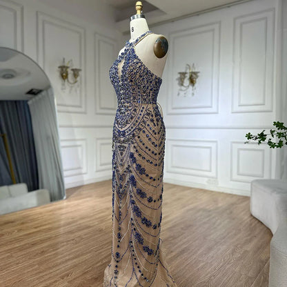 Luxury Dubai Elegant Blue Halter Neck Evening Gown Beaded Dress LA72760