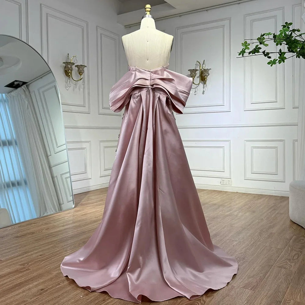 Pink Satin Strapless Mermaid Evening Dress with Big Bow LA72414B