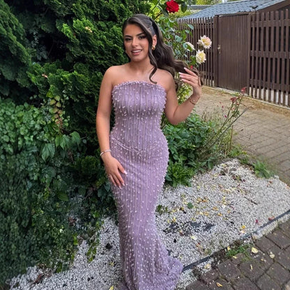 Elegant Crystal Beaded   Lilac Mermaid Evening Gown LA72950