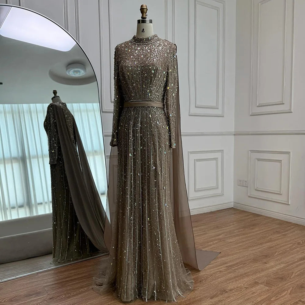 Modest Luxury Caramel Beaded Long Sleeve Evening Dress LA72569A