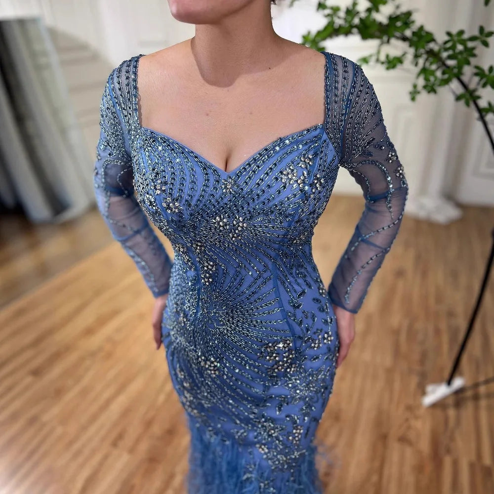 Arabic Blue Feather Beaded Mermaid Evening Dress for Women LA71818