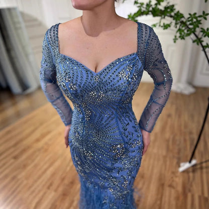Arabic Blue Feather Beaded Mermaid Evening Dress for Women LA71818