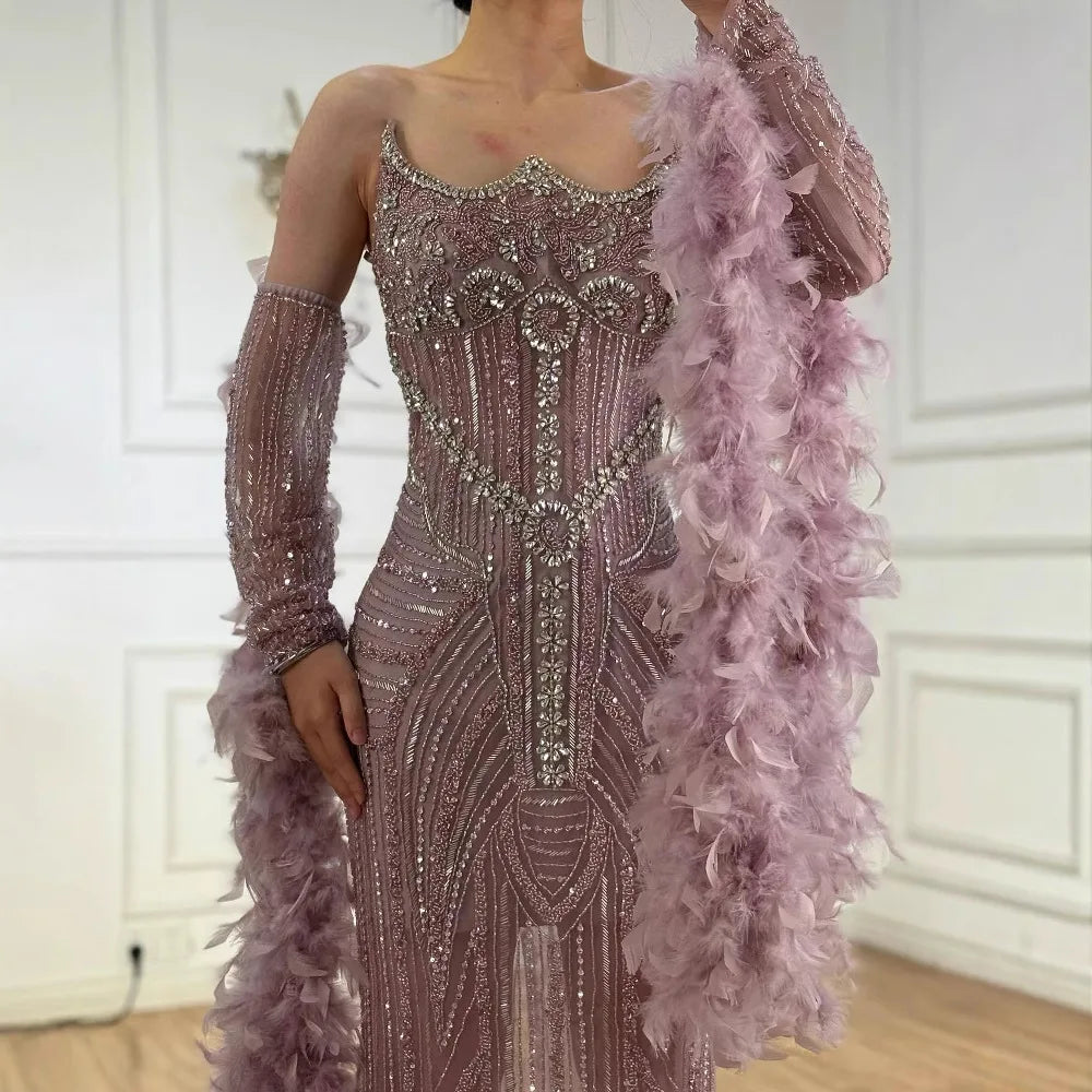 Luxury Caramel Beaded Mermaid Evening Dress with Feather Sleeves LA73055