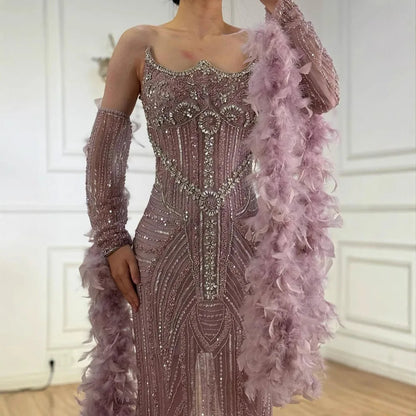 Luxury Caramel Beaded Mermaid Evening Dress with Feather Sleeves LA73055