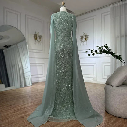 Luxury Blue Mermaid Evening Dress with Cape Sleeves Beaded Gown LA72160A