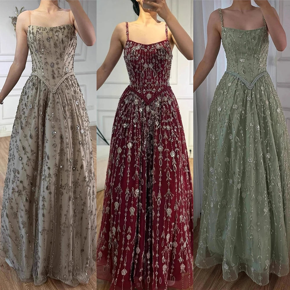 Luxury Sage Green Beaded A Line Spaghetti Strap Evening Dresses Gown LA72805
