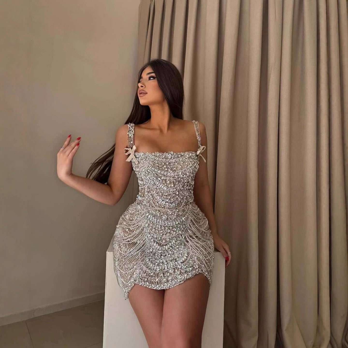 Luxury Nude Stone Strap Mini Cocktail Dress LA72983B