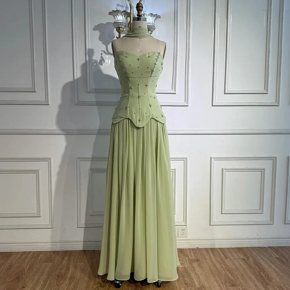 Elegant Sage Green Strapless A-Line Chiffon Evening Dress LA73073