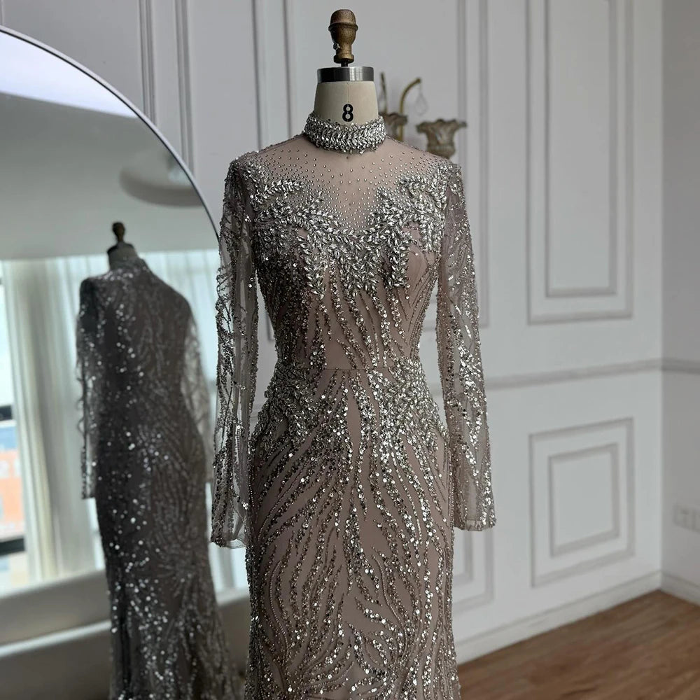 Luxury Silver Nude Beaded Mermaid Evening Dress LA73083