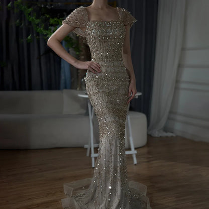 Luxury White Mermaid Square Neck Short Sleeves Evening Dresses LA72714