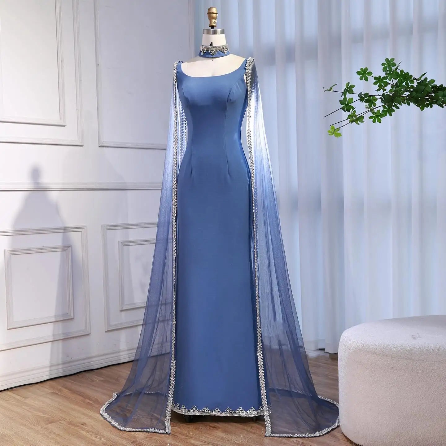 Luxury Blue Mermaid Beaded Evening Dress with Cape Sleeves LA72086