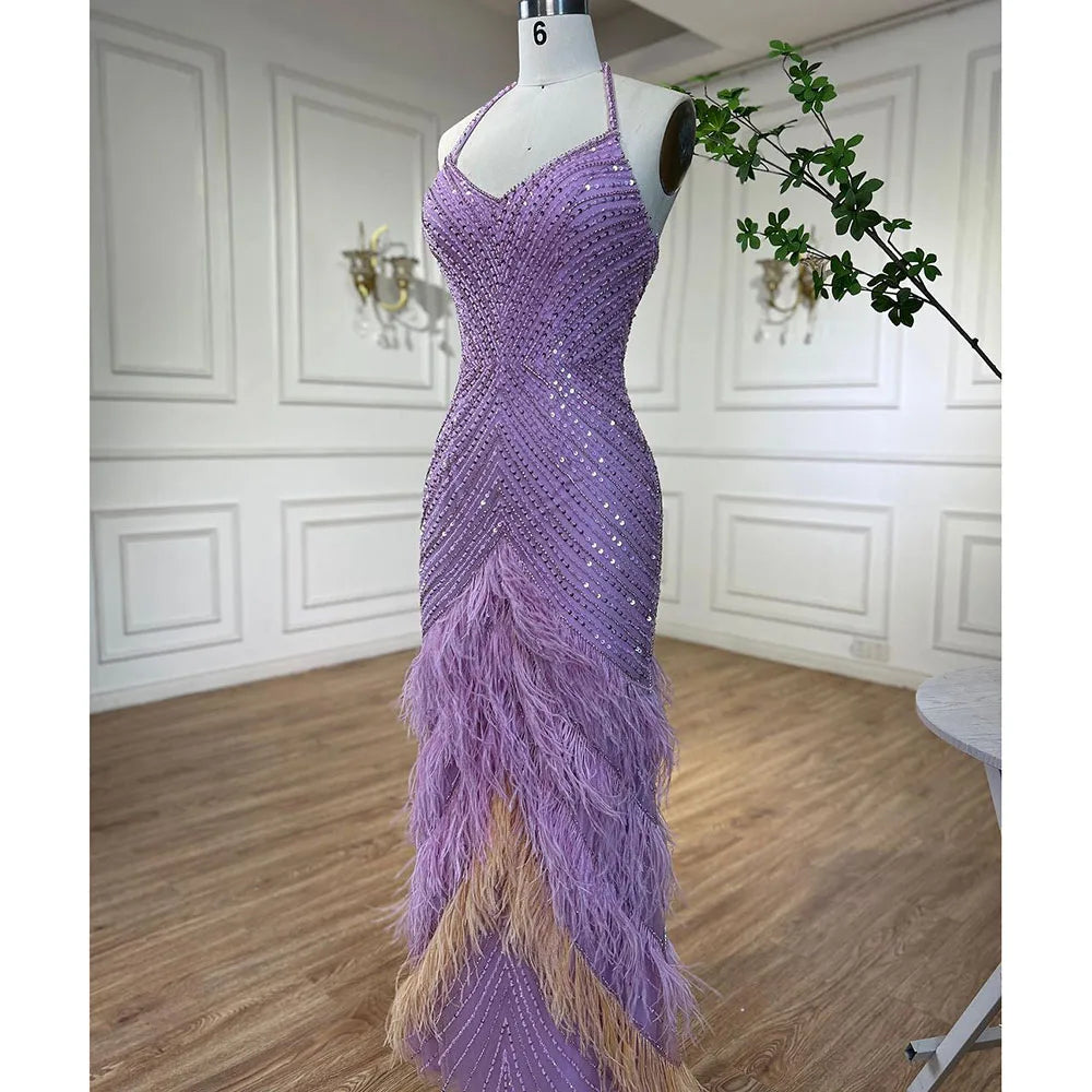 Lilac Feather Halter Mermaid Luxury Dubai Evening Dress LA72056
