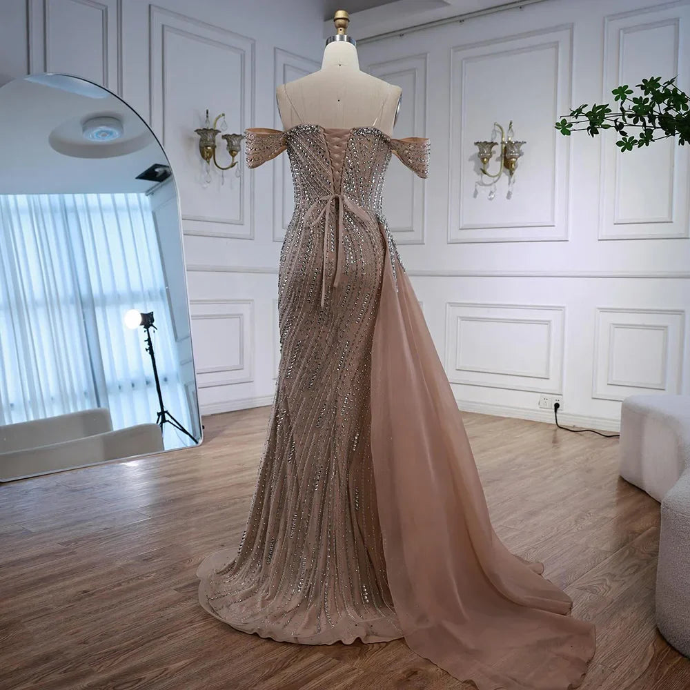Nude Luxury Beaded Mermaid Evening Dresses With Overskirt Gown For Formal Occasion LA72911