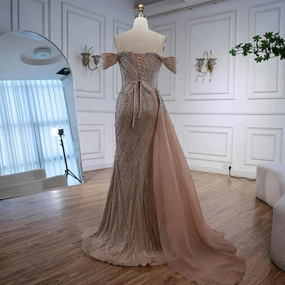Nude Luxury Beaded Mermaid Evening Dresses With Overskirt Gown For Formal Occasion LA72911