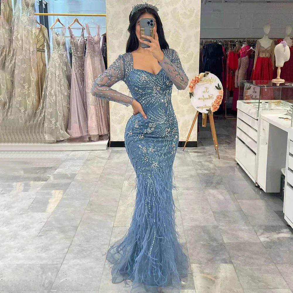 Arabic Blue Feather Beaded Mermaid Evening Dress for Women LA71818