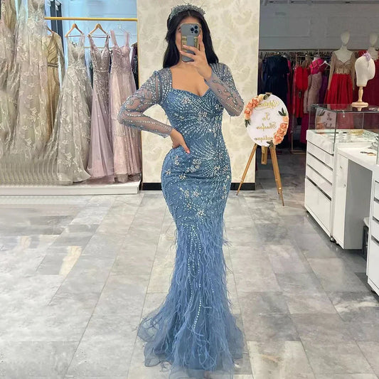 Arabic Blue Feather Beaded Mermaid Evening Dress for Women LA71818