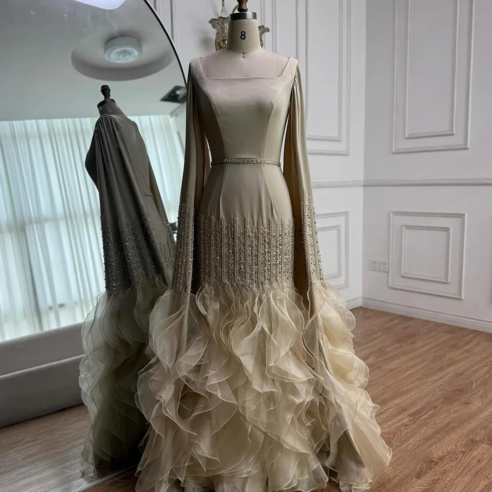 Elegant Nude Beaded Mermaid Evening Dress with Cape Sleeves LA72317C