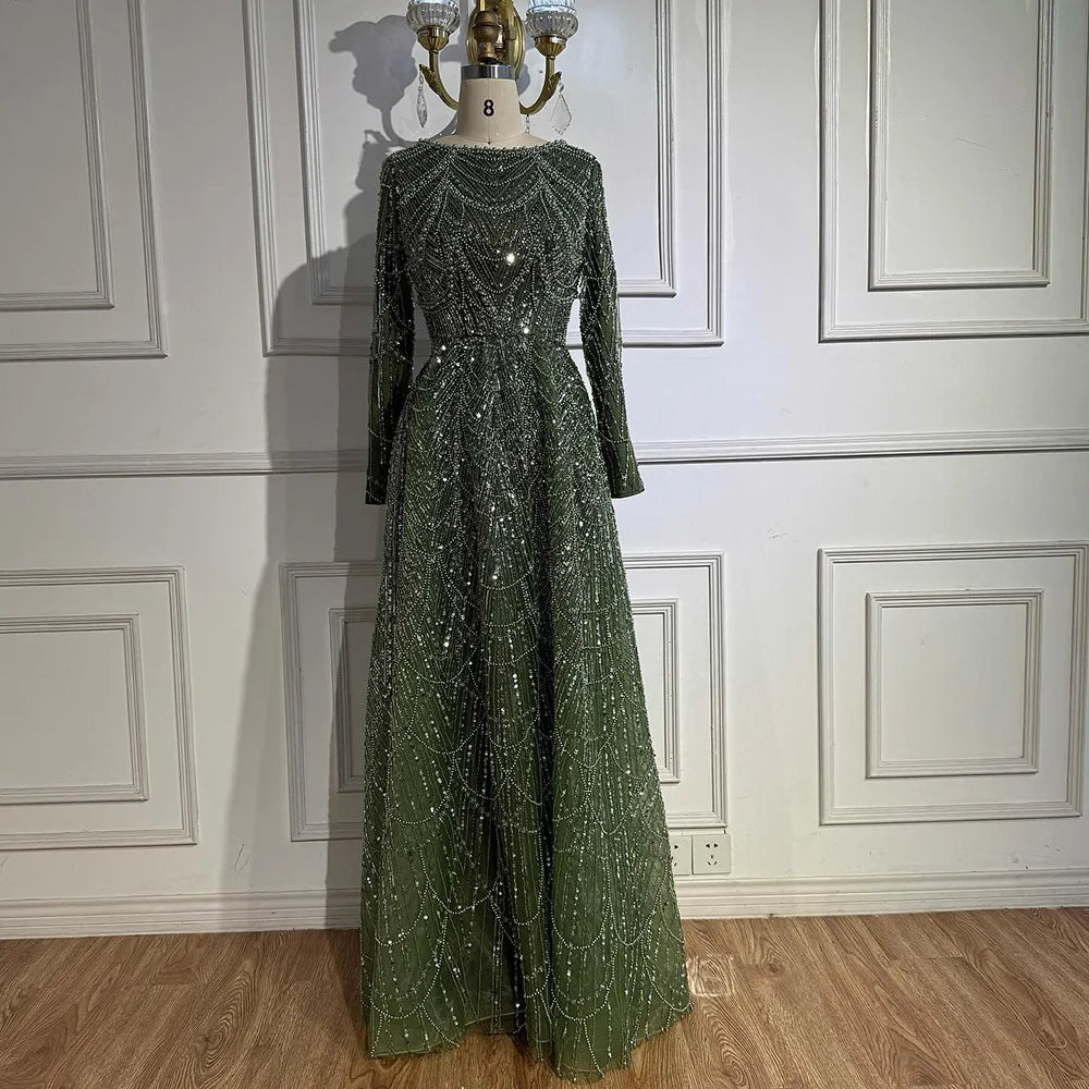 Luxury Olive Green Beaded A-Line Evening Dress Long Sleeves LA72738B