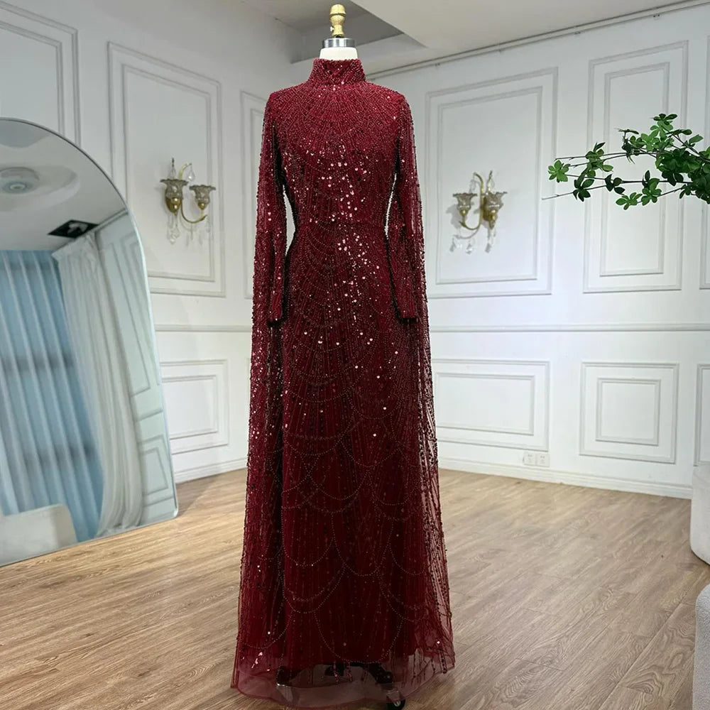 Luxury Dubai  Muslim Sage Green Pearls  Evening  Dress With Cape Plus Size LA72591