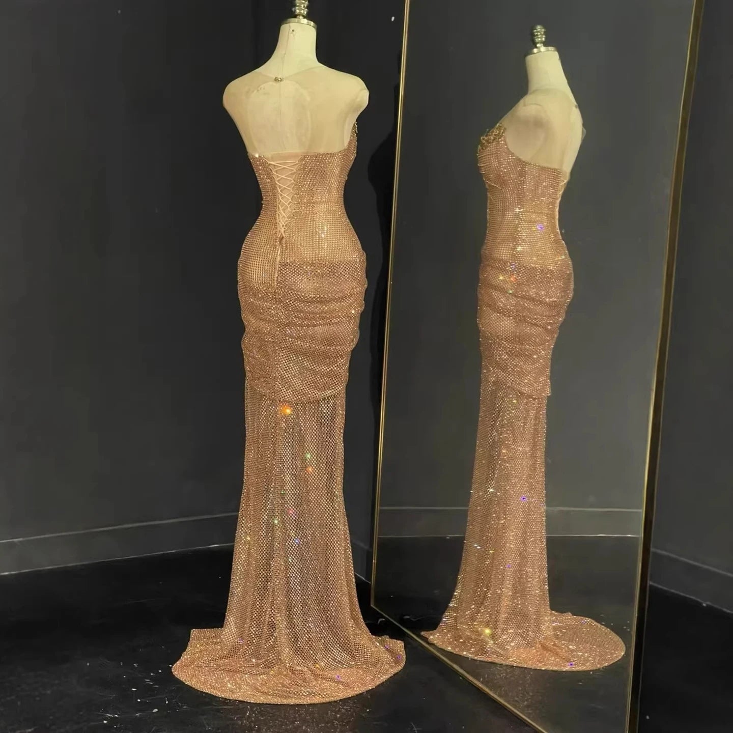 Luxury Saudi Arabic Nude Beaded High Split Evening Dress LA73436
