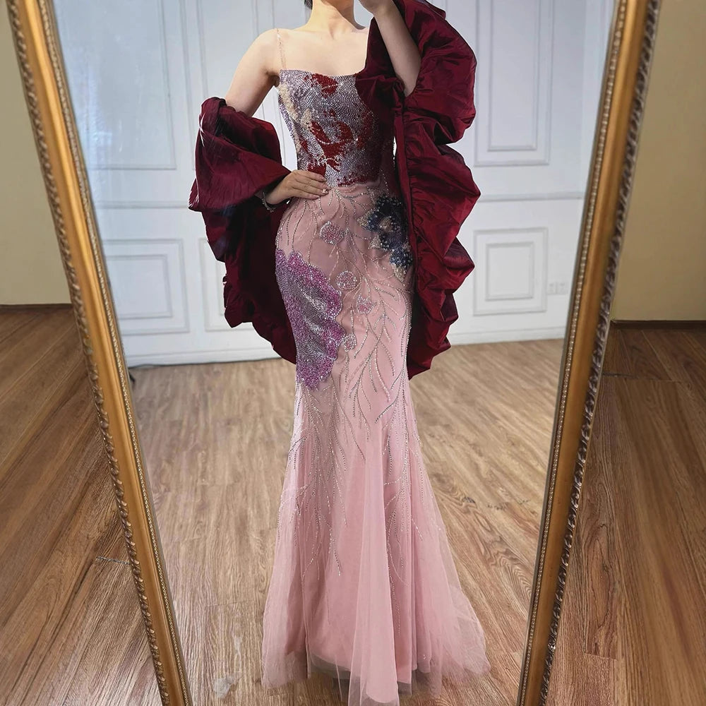 Luxury Designer Dreamy Pink Evening Dress With Cape Sleeves LA72850