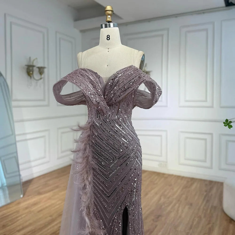 Luxury Pink Off Shoulder Beaded Feather Mermaid Evening Dress LA73111