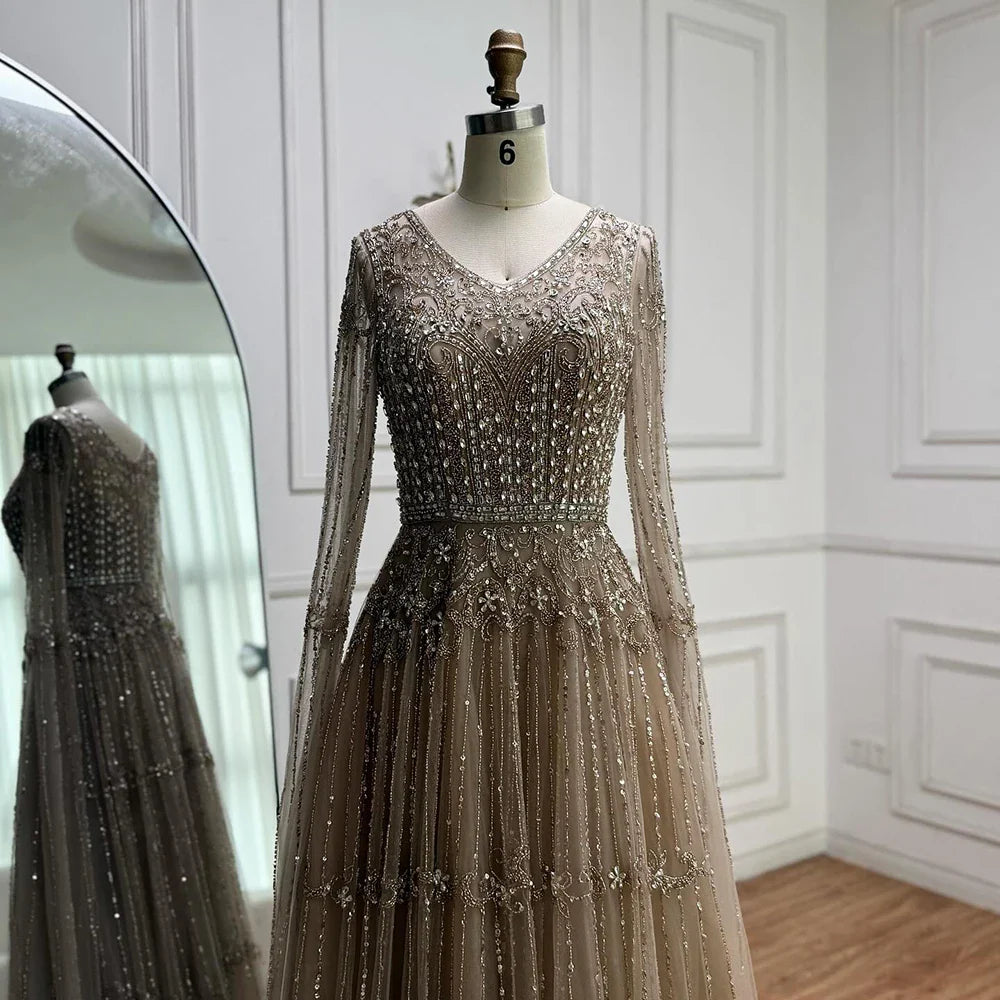 Elegant Caramel A-Line Beaded Evening Dress with Cape Sleeves LA73075