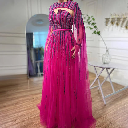 Luxury Dubai Fuchsia Evening Dress with Cape Sleeves LA71912