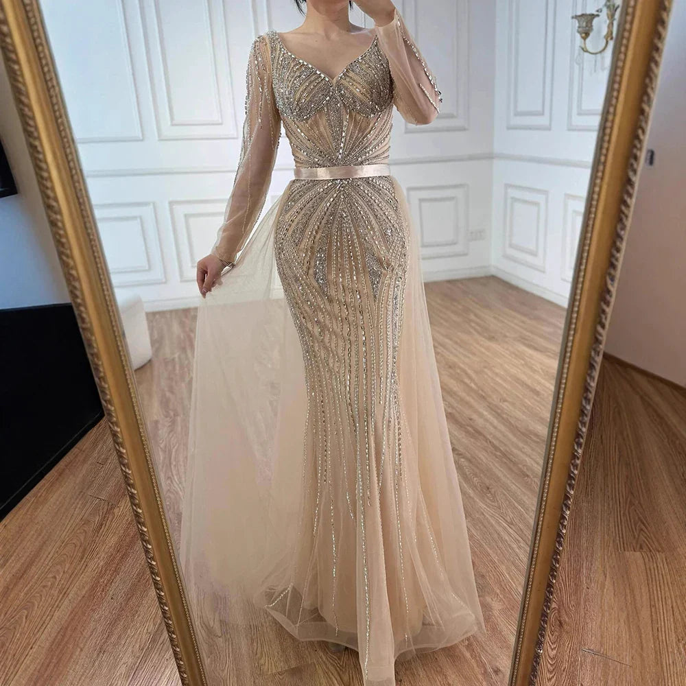 Luxury Nude Beaded Evening Dress with Detachable Overskirt LA73156