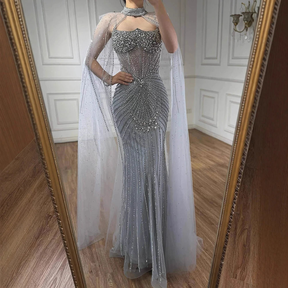 Luxury Turquoise Crystal Beaded Evening Dress with Cape LA73202