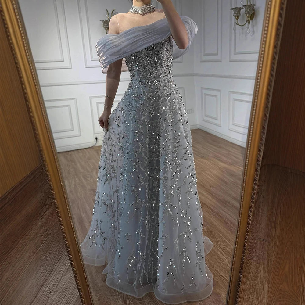Glamorous Silver Gray Off Shoulder Beaded A-Line Evening Dress LA73062