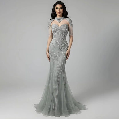 Luxury Nude Beaded High Neck Mermaid Evening Dress LA72897