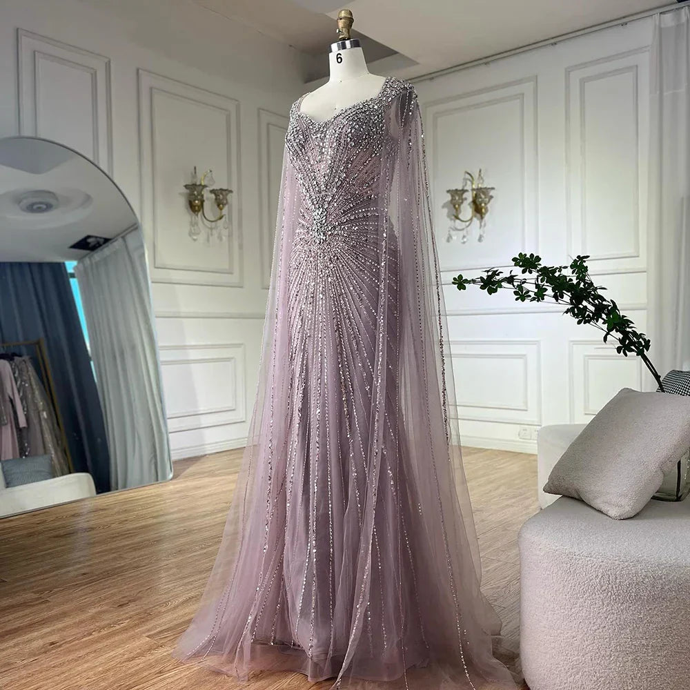 Luxury Dubai   Nude Cape Sleeves Beaded Saudi Arabic Evening Dresses Gowns for Formal Occasion LA72575A