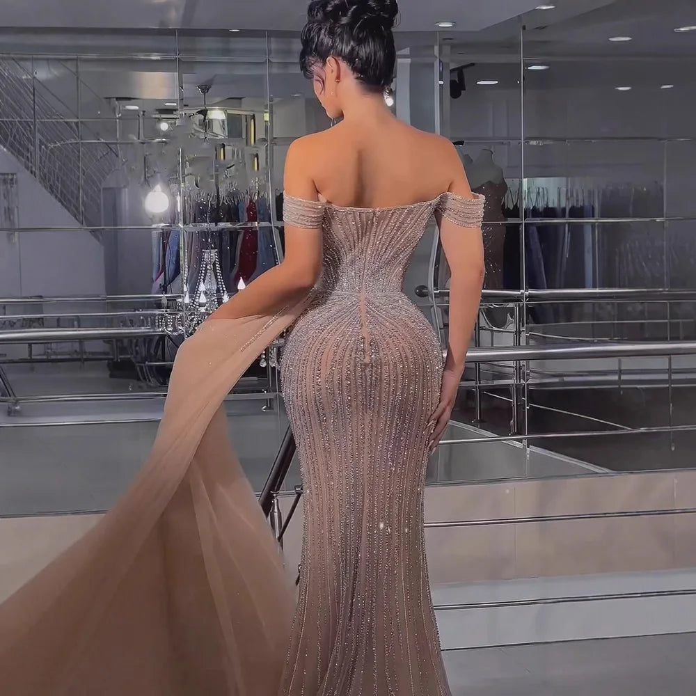 Luxury Nude Off Shoulder Beaded Mermaid Gown with Overskirt LA73139
