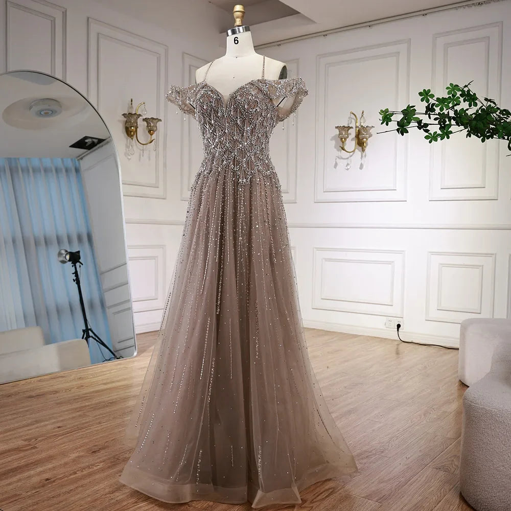Luxury Arabic Caramel Off Shoulder Beaded A Line Evening Dress LA71606