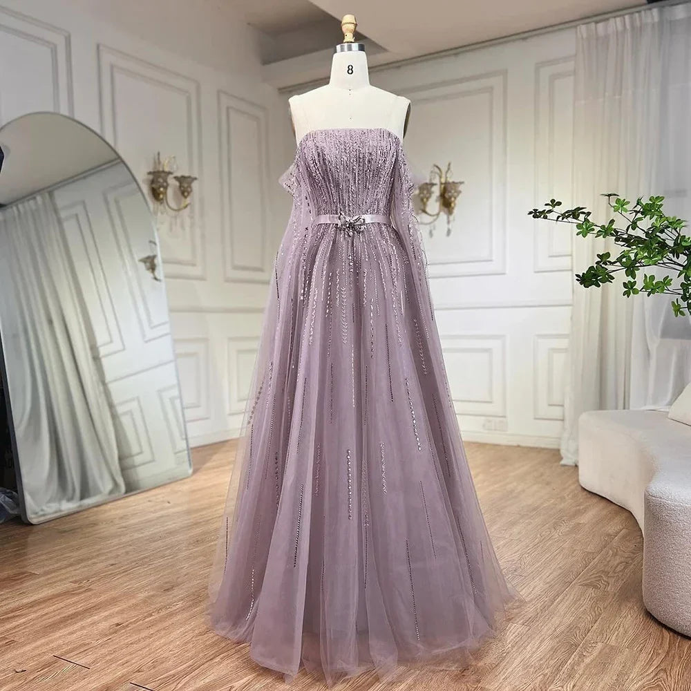 Luxury Black A Line Beaded Evening Dress with Cape Sleeves LA71824